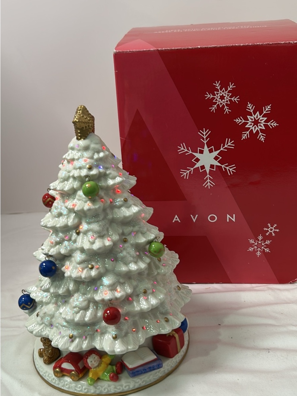 Avon fiber opticCeramic Christmas Tree with Multicolored Ornaments and Gold Star